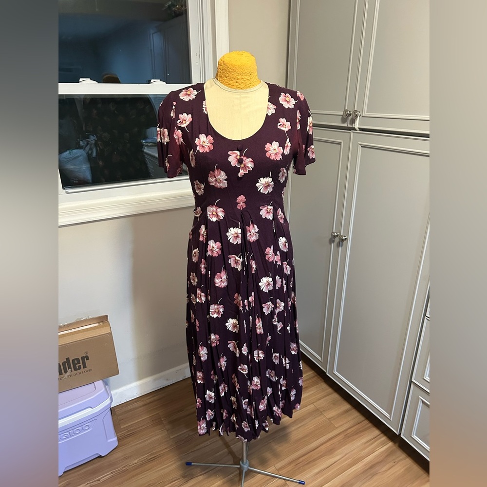 90s Vintage Jeffery & Dana Floral Maxi Purple Tie Back Pleated Dress Size 6